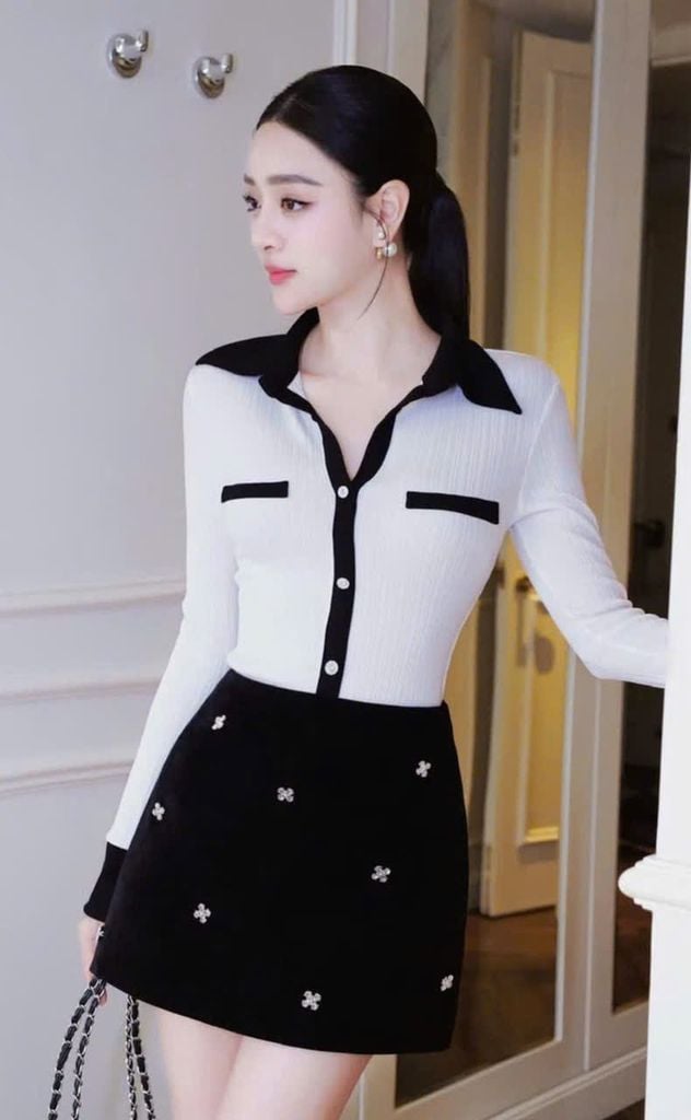 VGU9062- Set áo tay dài phối viền, CV đính tag đá