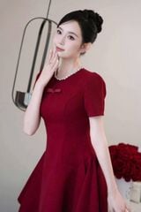 VGU8994-Đầm xòe ngắn viền cổ đính đá Đỏ
