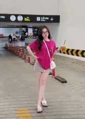 VGU9096-Set áo thun in chữ 2 mặt, CV ngắn Xám (áo Hồng)