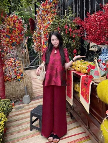 SKY7542 SET ÁO GẤM NỔI QUẦN LỤA CAO CẤP (ĐỎ)