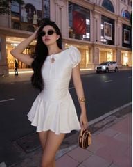 VGU9171 - Đầm tay phồng cột dây trắng