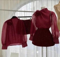 VRA0334 - Set áo voan tag hoa + Chân váy đỏ