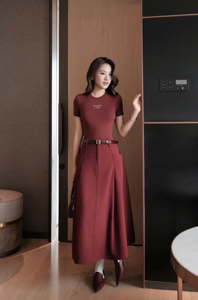 SKY7567 SET ÁO THUN IN, CV DÀI + NỊT (ĐỎ)