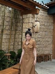 VGU9132-Đầm dài phối túi Nâu (kèm dây cột eo)