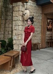 VGU9133-Đầm dài phối túi Đỏ (kèm dây cột eo)