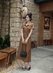 VGU9132-Đầm dài phối túi Nâu (kèm dây cột eo)