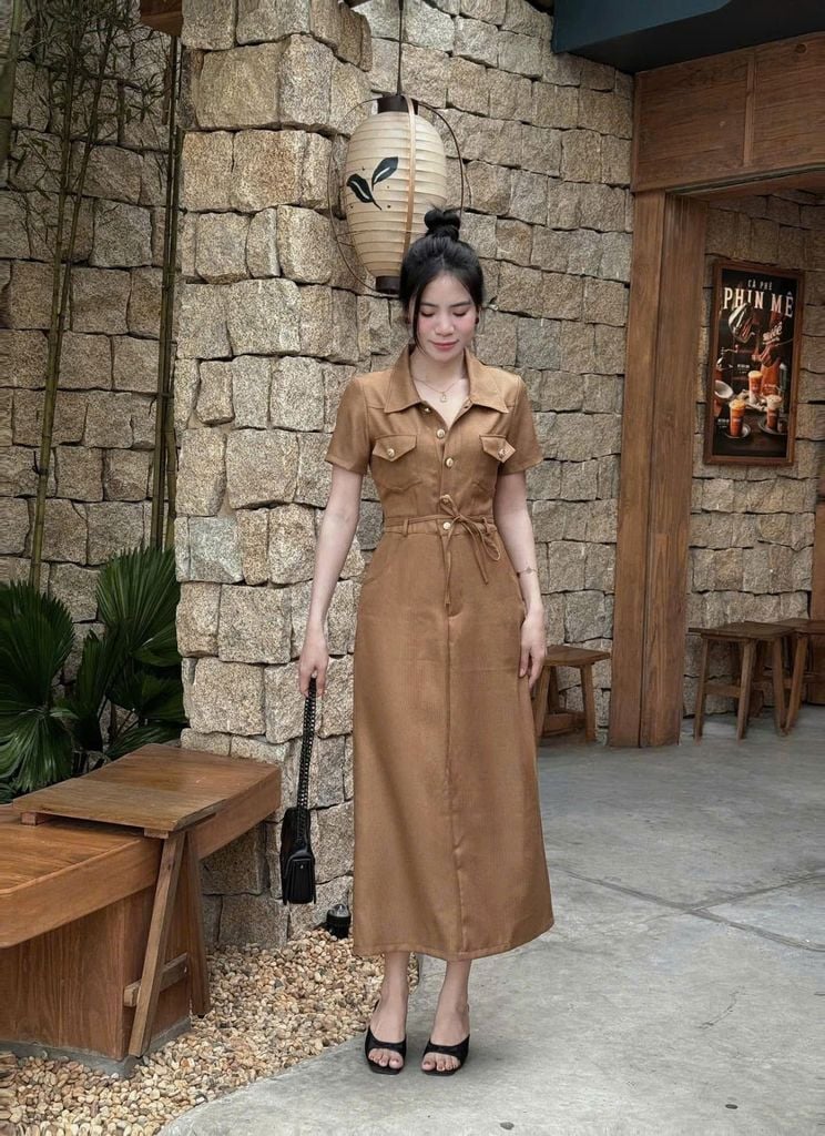VGU9132-Đầm dài phối túi Nâu (kèm dây cột eo)