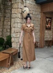 VGU9132-Đầm dài phối túi Nâu (kèm dây cột eo)