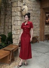 VGU9133-Đầm dài phối túi Đỏ (kèm dây cột eo)