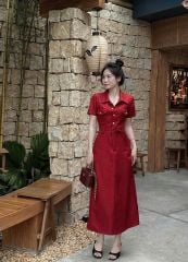 VGU9133-Đầm dài phối túi Đỏ (kèm dây cột eo)