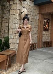 VGU9132-Đầm dài phối túi Nâu (kèm dây cột eo)