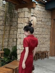 VGU9132-Đầm dài phối túi Nâu (kèm dây cột eo)
