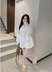 TB7577-Set áo tay dài thêu họa tiết, quần short Trắng