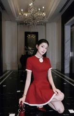 VGU9275 ĐẦM ĐỎ PHỐI VIỀN + TAG HOA