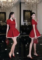 VGU9275 ĐẦM ĐỎ PHỐI VIỀN + TAG HOA