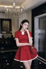 VGU9275 ĐẦM ĐỎ PHỐI VIỀN + TAG HOA