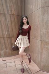 VGU9252-Set áo tay dài thêu chữ, CV xếp ly