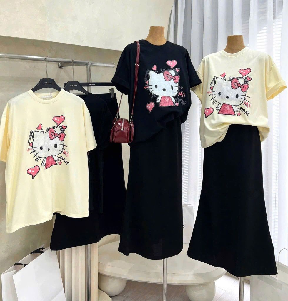 KS5034 - Set QC Áo Thun In Hình HeLLo Kitty KEM + Chân Váy Dài