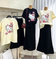 KS5034 - Set QC Áo Thun In Hình HeLLo Kitty KEM + Chân Váy Dài