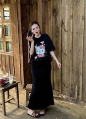KS5033 - Set QC Áo Thun In Hình HeLLo Kitty Đen + Chân Váy Dài