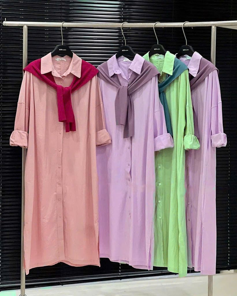 VGU9306-Đầm sơ mi suông+khăn choàng Hồng
