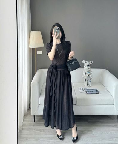 VRA0374 ĐẦM REN PHỐI HOA EO (ĐEN)