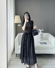 VRA0374 ĐẦM REN PHỐI HOA EO (ĐEN)