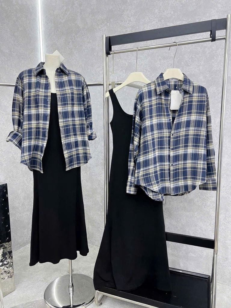 TQ3987-Set đầm body +áo sơ mi caro