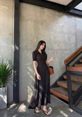 VGU9427-Đầm dài phối nút Đen