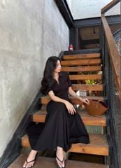 VGU9427-Đầm dài phối nút Đen