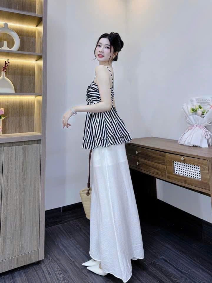 VRA0398-Set TK áo sọc 2 dây nhúng ngực, quần linen CC