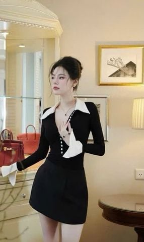 VGU9462 SET ÁO PHỐI NÚT TAY LOE, CV NGẮN (full đen)