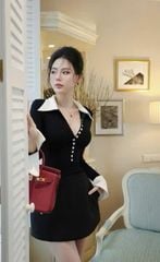 VGU9462 SET ÁO PHỐI NÚT TAY LOE, CV NGẮN (full đen)
