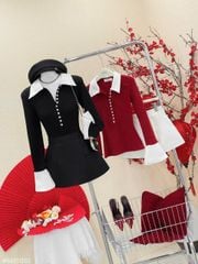 VGU9462 SET ÁO PHỐI NÚT TAY LOE, CV NGẮN (full đen)