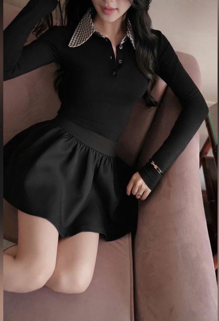 VGU9485 - Set áo body cổ sơmi + Chân váy ĐEN