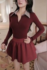 VGU9484 - Set áo body cổ sơmi + Chân váy ĐỎ