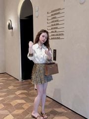 TB7705-Set áo sơ mi trắng phối tay, CV caro xếp ly