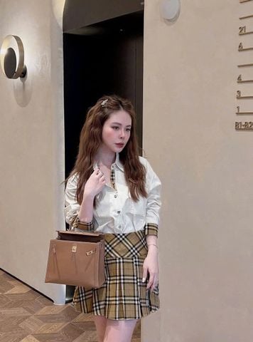 TB7705-Set áo sơ mi trắng phối tay, CV caro xếp ly