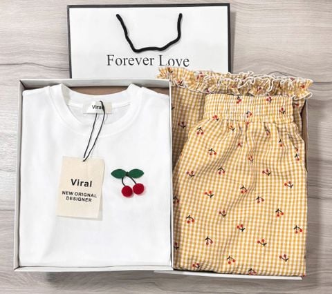 VRA0425 SET BỘ CHERRY (áo trắng-quần vàng)