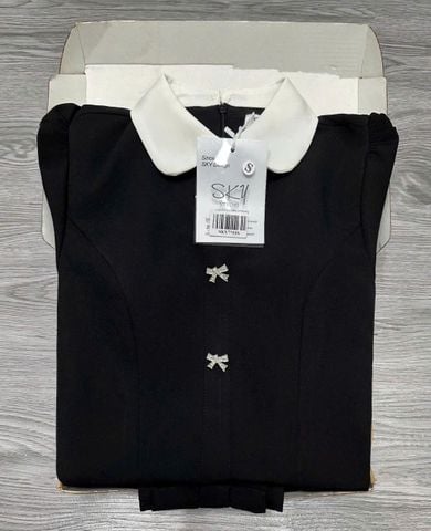 SKY7753-Đầm xòe  phối cổ sen đính nơ Đen
