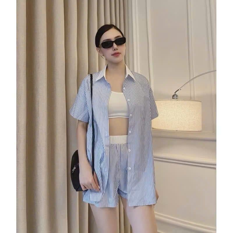 KS0376-Set 3 món sọc Xanh (áo sơ mi+áo thun 3 lỗ+quần short)
