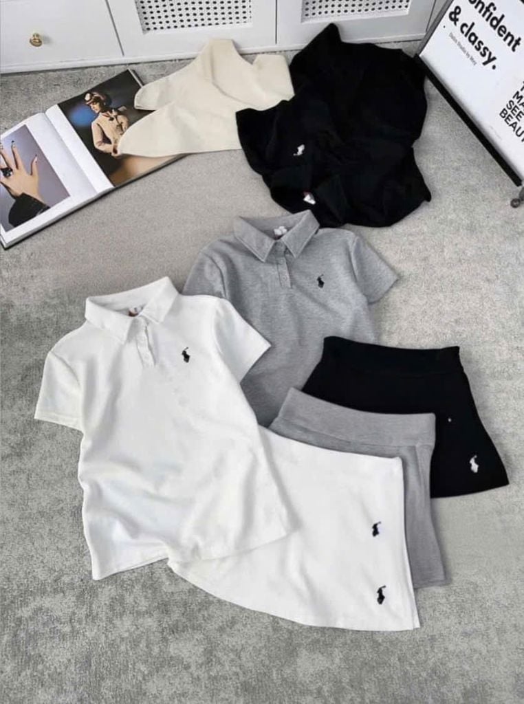 VGU9626 SET ÁO POLO THÊU NGỰA, CV NGẮN (TRẮNG)