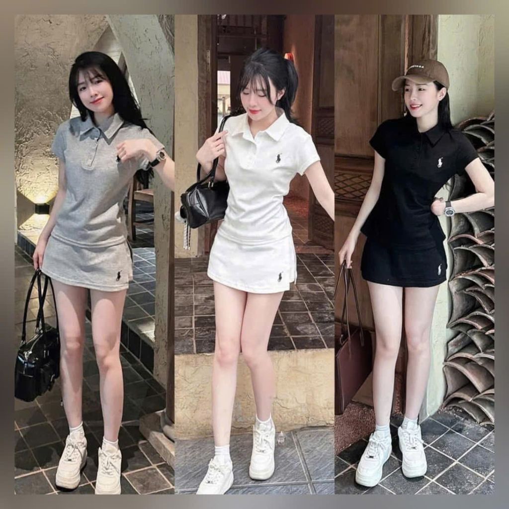 VGU9626 SET ÁO POLO THÊU NGỰA, CV NGẮN (TRẮNG)