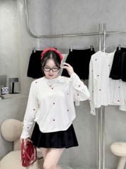 VGU9635-Set thun áo tay dài thêu tim , CV xếp ly Đen (áo Trắng)