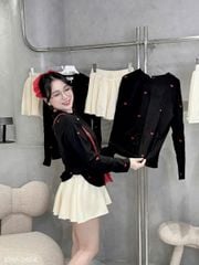 VGU9634-Set thun áo tay dài thêu tim , CV xếp ly Kem (áo Đen)