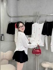 VGU9635-Set thun áo tay dài thêu tim , CV xếp ly Đen (áo Trắng)