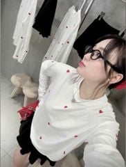 VGU9635-Set thun áo tay dài thêu tim , CV xếp ly Đen (áo Trắng)