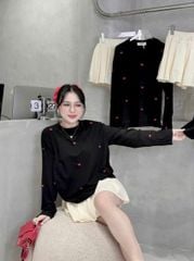 VGU9634-Set thun áo tay dài thêu tim , CV xếp ly Kem (áo Đen)