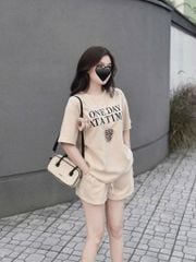 TQ4027-Set thun áo in chữ, quần short Kem