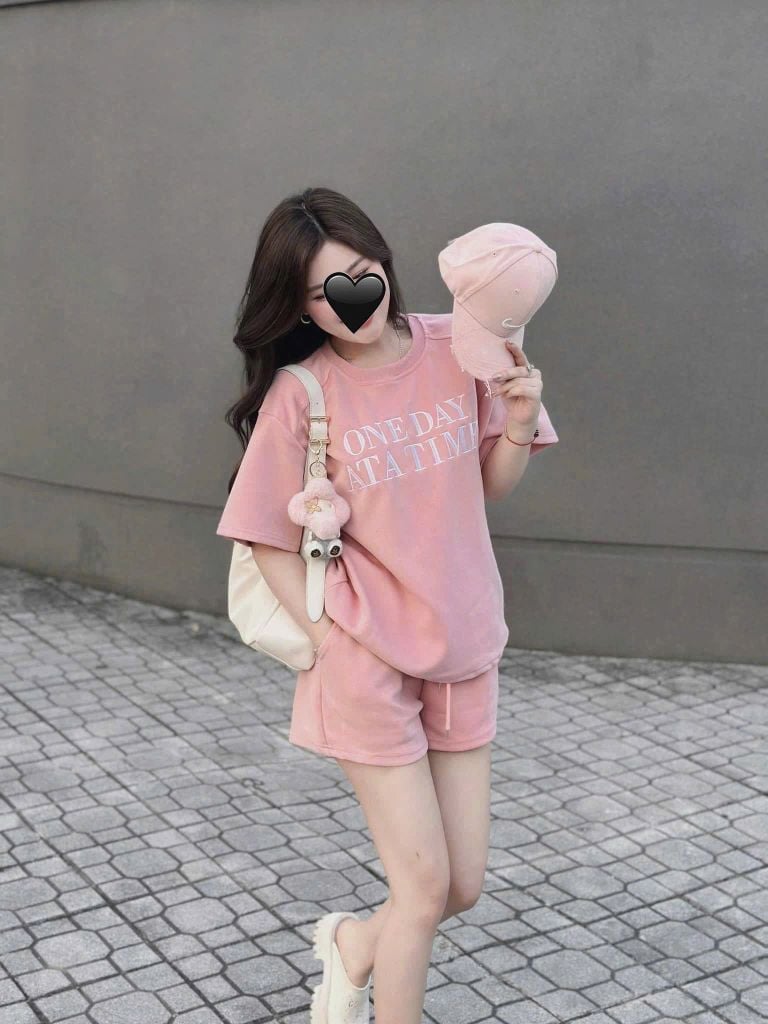 TQ4029-Set thun áo in chữ, quần short Hồng